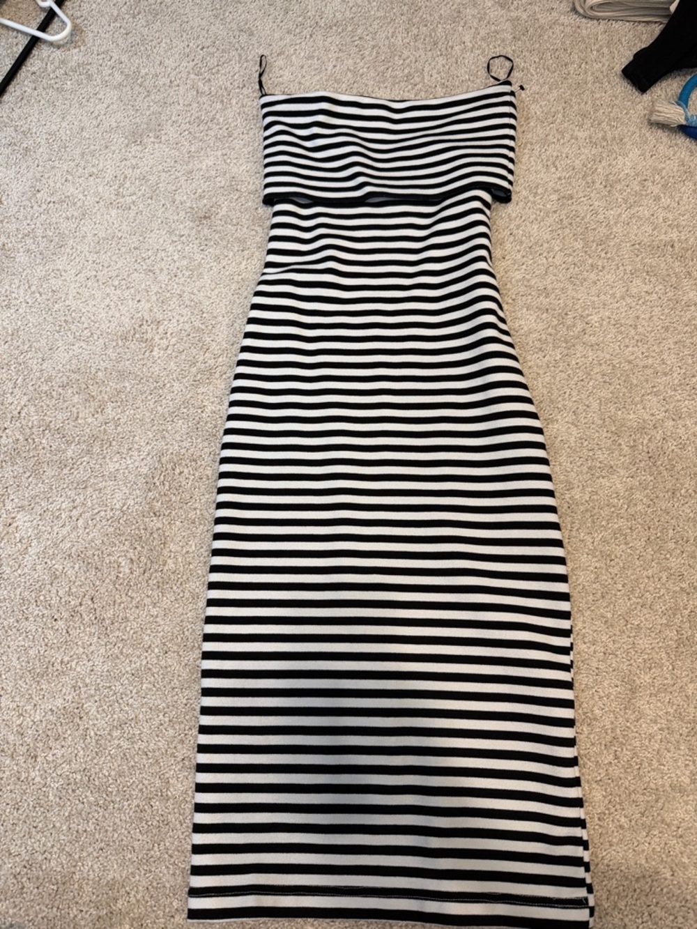 Zara Black and White Striped Strapless Midi Dress